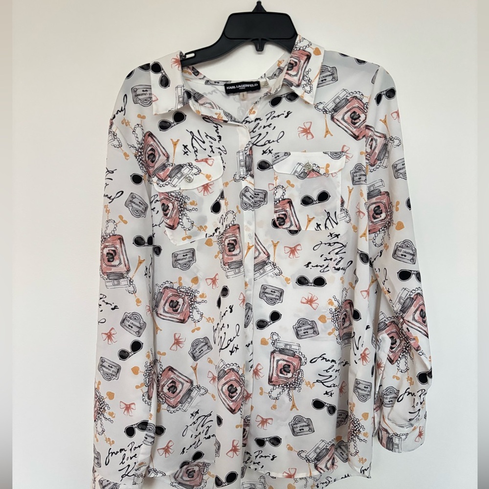 Karl Lagerfeld White Blouse with Black and Pink Print